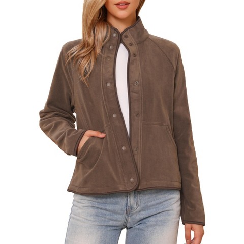INSPIRE CHIC Women's Button Down Lightweight Long Sleeve Fall Crop Fleece Jacket with Pockets Coffee Small