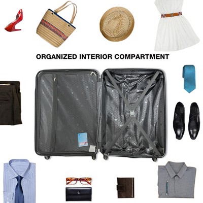 Lightweight 3-piece spinner luggage collection Ã¿ each ABS case includes TSA combination locks and utility hooks.