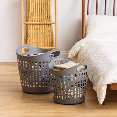Gray Flexible Plastic Round Laundry Hamper with Handles