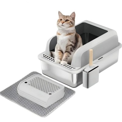 LunaLulinlk Stainless steel cat litter box with lid, suitable for large cats, with litter mat and litter scoop