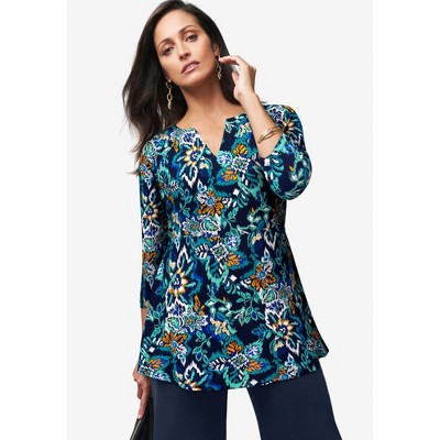 Jessica London Women's Plus Size Stretch Knit Henley Notch Babydoll Tunic