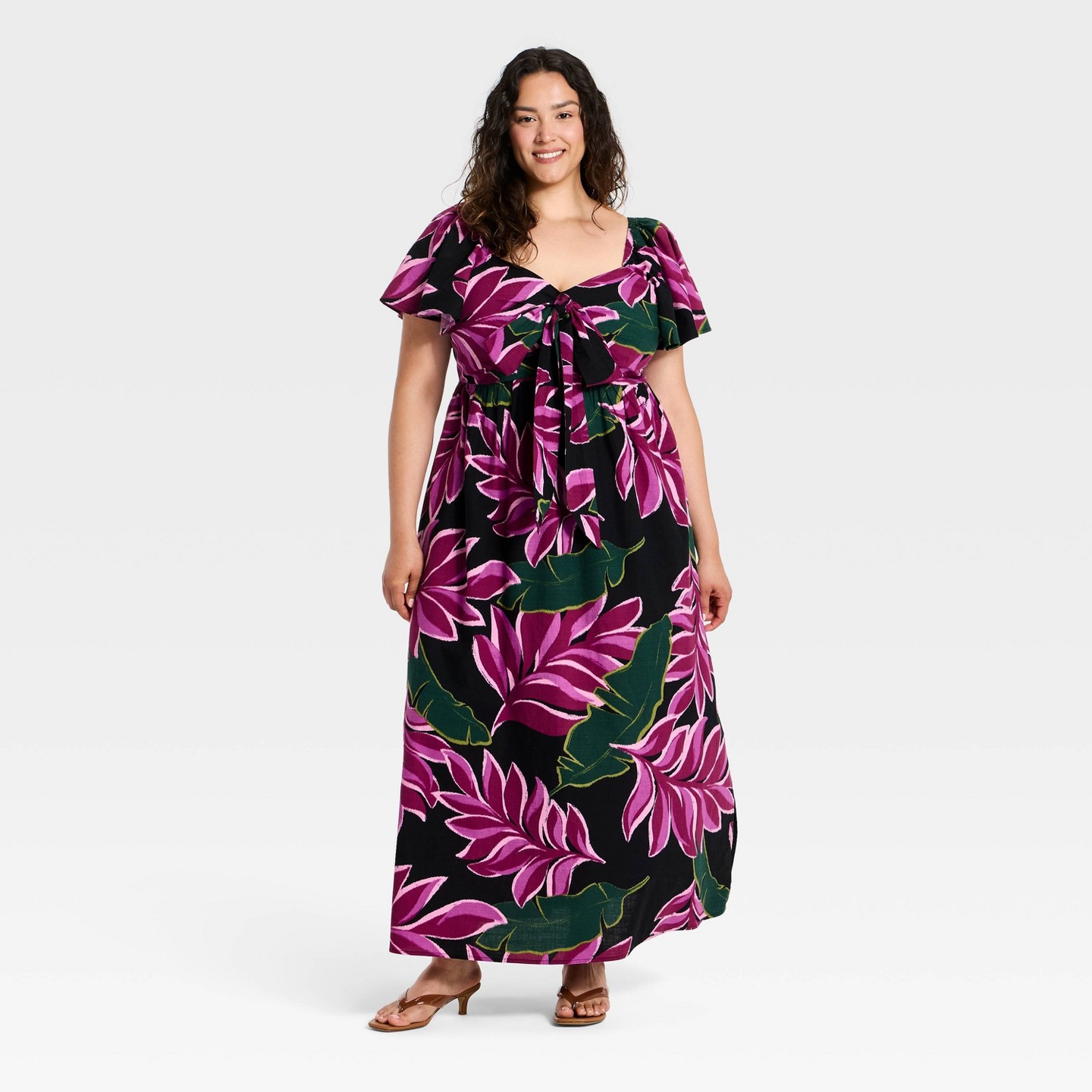 Женские платья Ava & Viv Plus Flutter Short Sleeve Tie-Front Maxi Summer Dress - Ava & Viv™ Magenta Floral XXL — фото 3