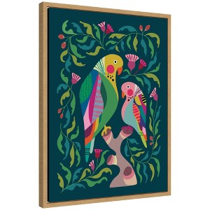 Kate and Laurel Framed Canvas Wall Art Print Budgies by Rachel Lee, 18 x 24 Sylvie Natural Frame, Whimsical, Abstract Art for Wall Decor - 1 of 4