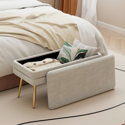 Grey Velvet Upholstered Storage Bench with Gold Metal Legs