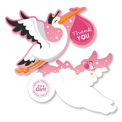 Big Dot of Happiness Girl Special Delivery - Shaped Thank You Cards - It's A Girl Stork Baby Shower Thank You Note Cards with Envelopes - Set of 12