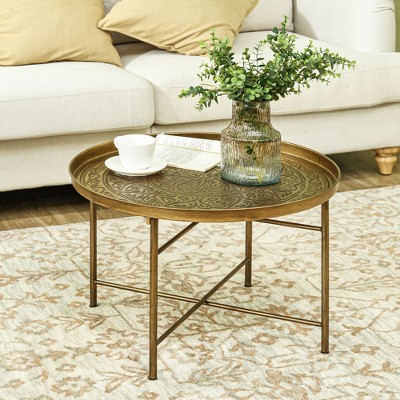 Gold Hammered Metal Round Coffee Table with Floral Pattern, 24"