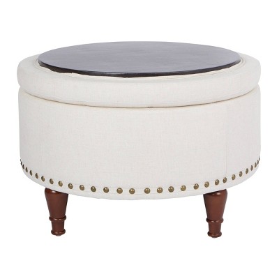 Alloway Round Linen Storage Ottoman with Antique Bronze Nailheads