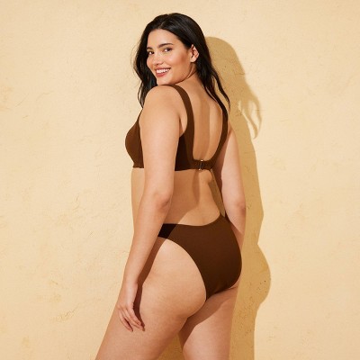 Shade & Shore Women's Basketweave Scooped High Leg Extra Cheeky Tanga Bikini Bottom - Shade & Shore™ Brown M — фото 5