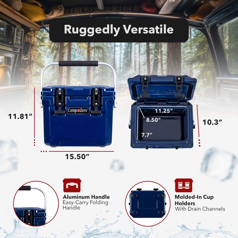 CAMP-ZERO 10 Liter 10.6 Quart Lidded Cooler with 2 Molded In Cup Holders, Folding Aluminum Handle Grip, and Locking System, Navy Blue, 3 of 7