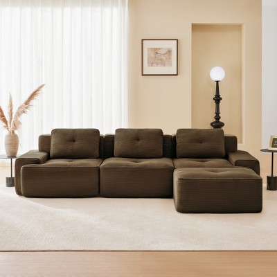 QingMoon 117" L-Shaped Sectional Sofa, Corduroy 3-Seater Couch with Pearl-like Piping and Tufted Design for Living Room and Apartment, No Assembly