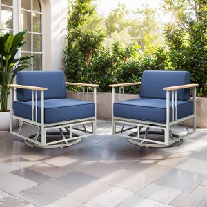 Belord Swivel Patio Chairs Set of 2 with 6" Thick Seat Cushion, Metal Outdoor Swivel Glider Chairs with Faux-Wood Armrest and Comfort Foam Cushion - 1 of 4