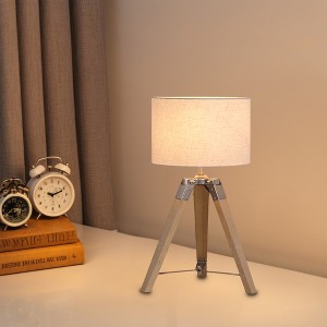 18" Industrial Wood Tripod Table Lamp with Linen Drum Shade and Metal Accents for Bedroom, Living Room, Study, or Hotel - 1 of 4