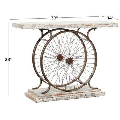 Rustic Blue Bike Console Table with Slatted Wood Top and Metal Frame