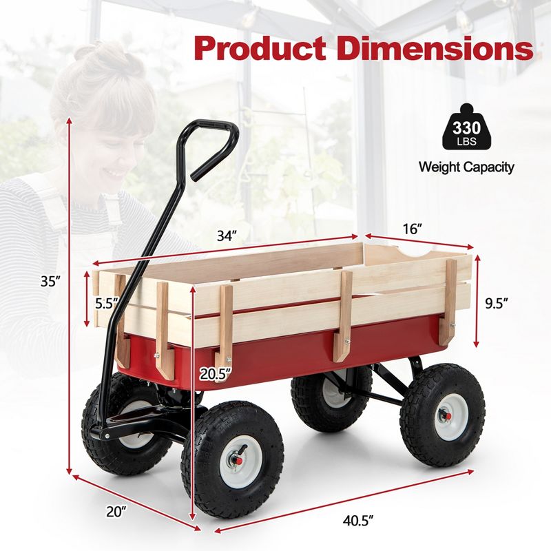 Costway Outdoor Wagon Pulling Children Kid Garden Cart with Wood Railing Red 330lbs, 3 of 11