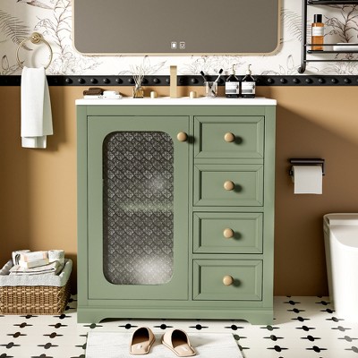 Whisen 30" Bathroom Storage Cabinet Bathroom Vanity with Ceramic Sink, Soft Close Glass Door, Adjustable Shelves and Three Drawer