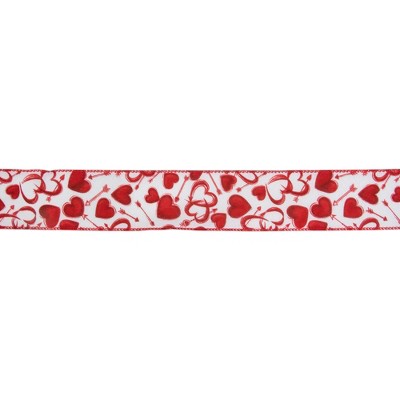 Northlight White and Red Hearts Valentine's Day Wired Craft Ribbon 2.5" x 10 Yards