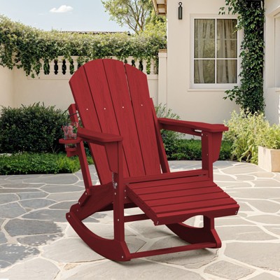 Adirondack Rocking Chair with Retractable Ottoman and Cup Holder, All Weather HDPE Folding Adirondack Chair,Fire Pit Chair for Porches, Patios