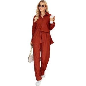 Womens Two Piece Long Sleeve Button Down Shirt Casual Outfits Pleated Wide Leg Pants Streetwear Set - 1 of 4
