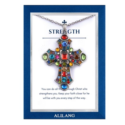 Anna-Kaci Silver Tone Stained Glass Rhinestone Cross Pendant Necklace Gift Message Card & Envelope Faith Jewelry Gifts