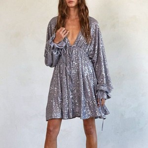 Coolmee Women Sexy Hot Deep V Neck Long Sleeve Tie Belt Sequined Party Banquet Drape High-End Wrap Dress - 1 of 4