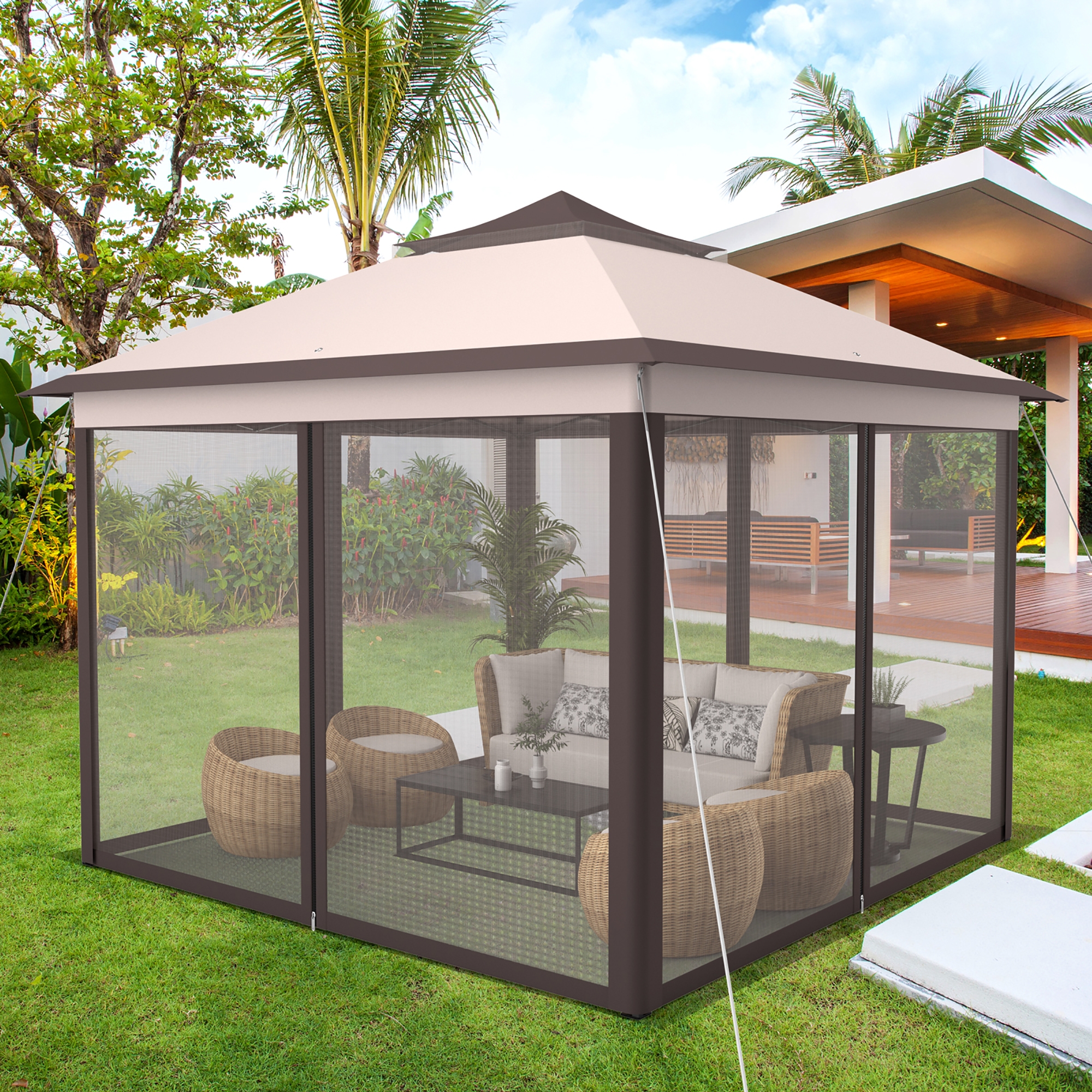 Costway 11'x11' 2-Tier Pop-Up Gazebo Tent Portable Canopy Shelter Carry Bag Mesh Beige