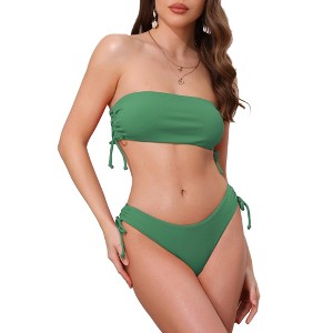 INSPIRE CHIC Women's Bandeau Drawstring Side Tie Ribbed Bikini Sets, Strapless Top Triangle Bottom Swimwear Bathing Suits 1 Set - 1 of 4