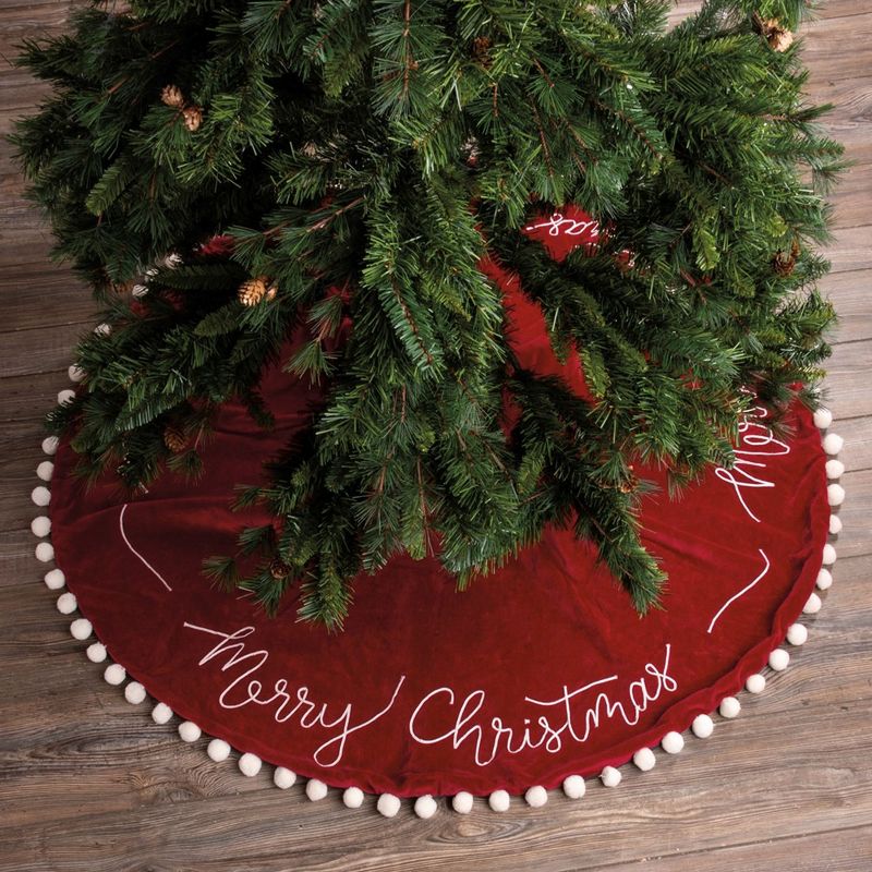 Christmas 50.0" Merry Christmas Tree Skirt Red Velour Pom Poms Stitching Primitives By Kathy  -  Tree Skirts, 4 of 5