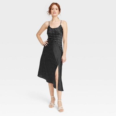 Women's Asymmetrical Midi Slip Dress - A New Day™ Black Polka