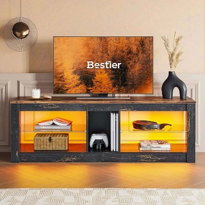 Black Marble 63-inch TV Stand with LED Lights and Glass Shelves