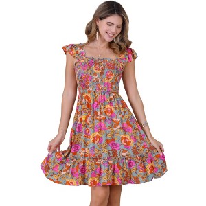 INSPIRE CHIC Women's Square Neck Cap Sleeve Smocked Floral Mini Dress - 1 of 4