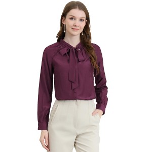 Allegra K Women's Work Office Long Sleeve Button Decor Elegant Bow Tie Neck Blouse - 1 of 4