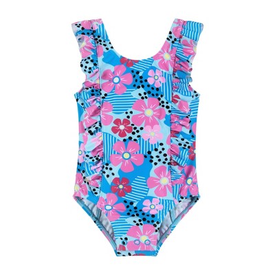 Image of Andy & Evan Infant  Aqua Floral Print One-Piece Swimsuit Blue, Size 3-6 Months.