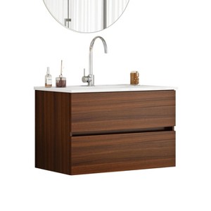 Gulches 32 in 1 Sink Wall-Mounted Vanity Walnut Bath Vanity with White Ceramic Top Double Soft-Close Drawers Handle-Free - 1 of 4