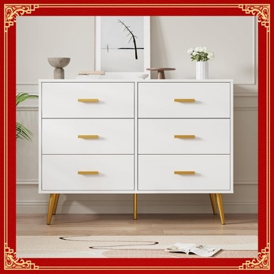 Garvee Chic and Versatile 6-Drawer Dresser – Modern Storage Chest in Elegant White Finish with Gold Handles for Bedroom, Living Room