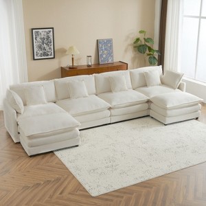 NicBex Couches for Living Room 149.6" Modular Sectional Sofa L-Shape Corduroy Upholstered Sofa Couch with Side Storage Pockets and Ottoman, Beige - 1 of 4
