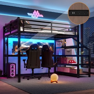 Full Loft Bed with Desk and Storage Stairs, Metal Loft Beds with LED Lights and USB Ports, Black - 1 of 4