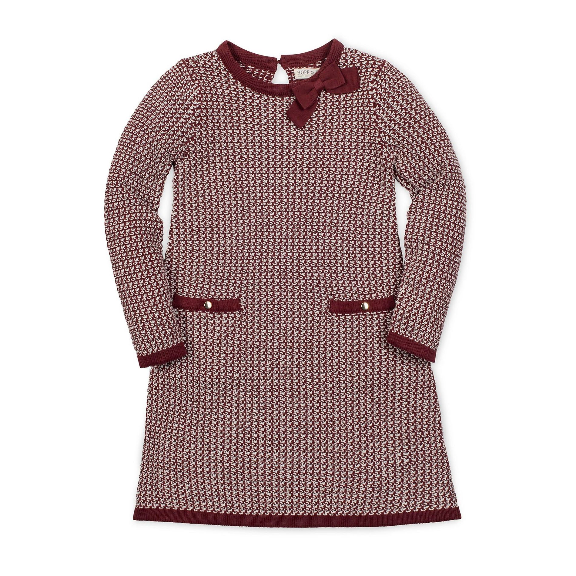 Hope & Henry Girls' Organic Long Sleeve Bow Detail Intarsia Sweater Dress, Kids
