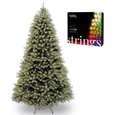 National Tree Company Downswept Douglas 7 Ft Unlit Christmas Tree Bundle with Twinkly WiFi Controlled 400 LED RGB Color & White 105 Ft String Lights