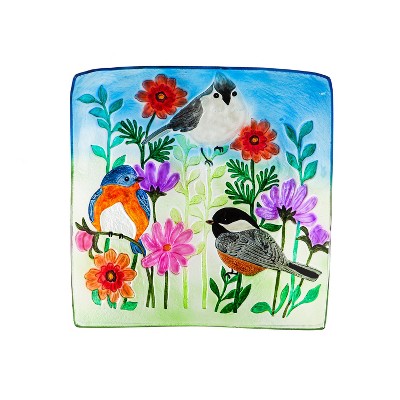 16.5" Hand Painted Embossed Square Glass Bird Bath, Trio of Birds