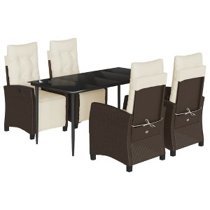 vidaXL 5 Piece Patio Dining Set with Cushions - Adjustable Brown PE Rattan Chairs, Tempered Glass Table for Garden/Backyard/Patio - 1 of 4