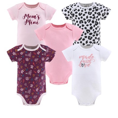 The Peanutshell Baby Girl Short Sleeve Bodysuits, 5-Pack, Pink, Cheetah/Pink Floral, Newborn to 24 Months