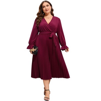 Coolmee Women's Spring Fall Plus Size Maxi Dress Casual Long Sleeve V Neck Pleated A Line Flowy Dress with Belt