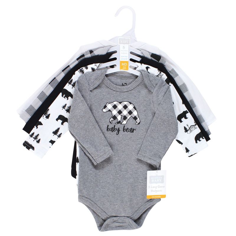 Hudson Baby Infant Boy Cotton Long-Sleeve Bodysuits, Baby Bear Gray Black 5-Pack, 3 of 9
