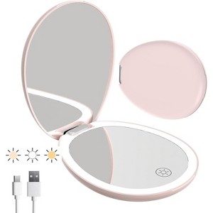 FUNTOUCH Compact 2-sided Travel Mirror with 3-color LED Lights,1X/10X Magnification for Pocket, Purse, and Handbag - 1 of 4