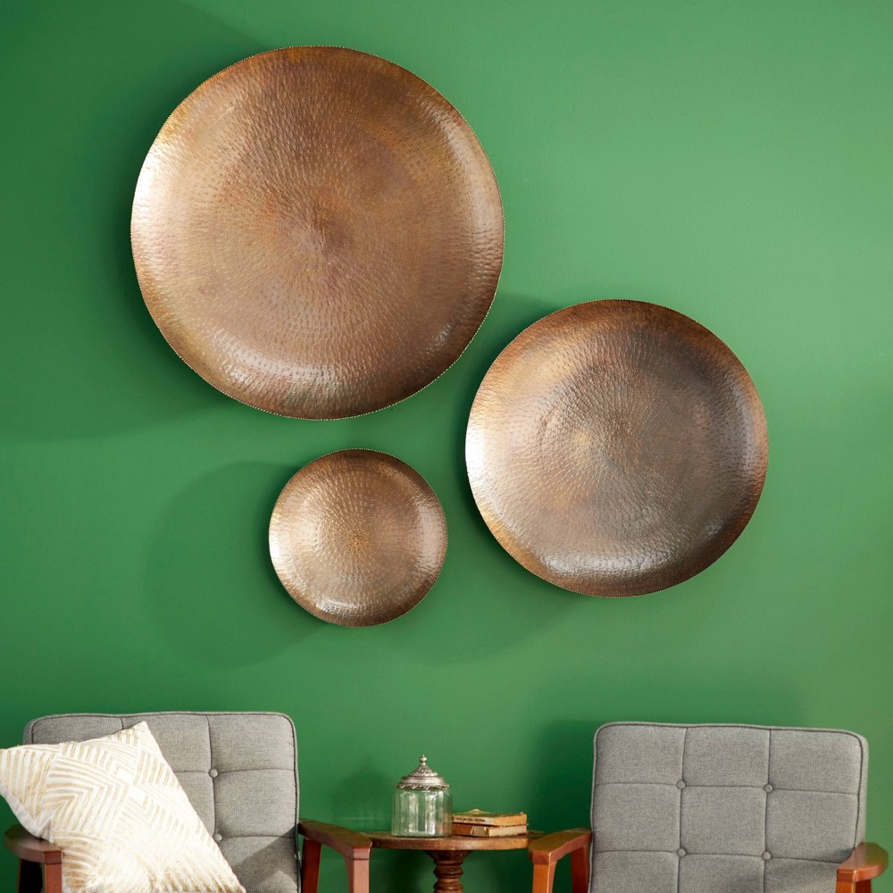 Photos - Wallpaper Set of 3 Metal Plate Large Metallic Disk Wall Decors Bronze - Olivia & May