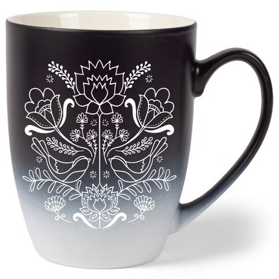 Elanze Designs Damask Threaded Floral Birds Two Toned Ombre Matte Black and White 12 ounce Ceramic Stoneware Coffee Cup Mug