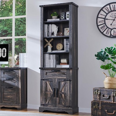 Farmhouse Bookshelf with Storage Cabinet, 72" Tall Bookcase with Drawer and Barn Door for Office Library, Living Room