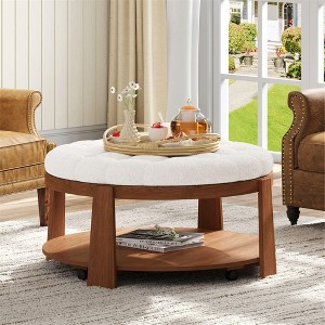 Sapphtopaz Modern Coffee Table Button Tufted End Table with 2-Tier Storage Shelves and Wheel Ottoman, Coffee Tables for Living Room - 1 of 4