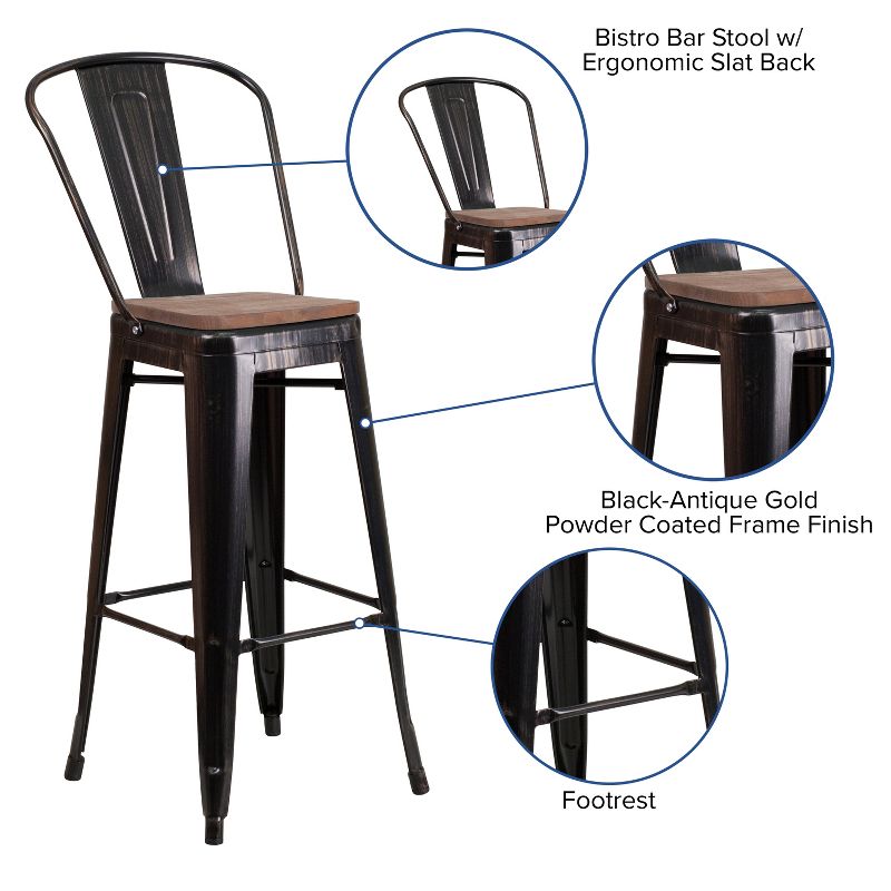 Flash Furniture 30" High Metal Barstool with Back and Wood Seat, 4 of 12