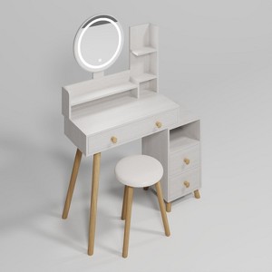 AZL1 Life Concept Vanity Table with Round Mirror Bedside Cabinet Cushioned Stool Dedicated Hair Dryer Bracket for Bedroom, White, 35"*18"*7" - 1 of 4